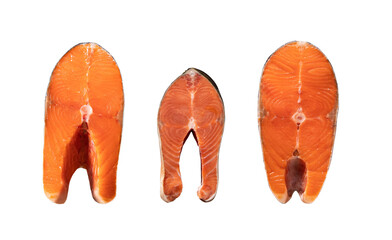 Raw steak of salmon, trout, slice of fresh raw fish isolated on white background with clipping path. Full Depth of field. Focus stacking. PNG