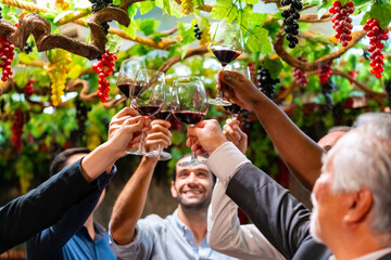 Group of Diversity people man and woman celebrating holiday event party with toasting red wine...