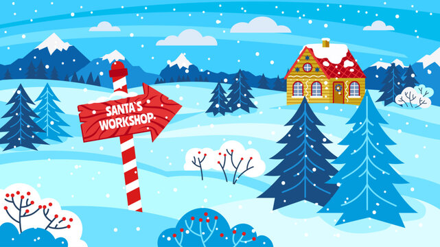 Santas Workshop. North Pole Christmas residence, elf village card for winter holidays cartoon vector illustration
