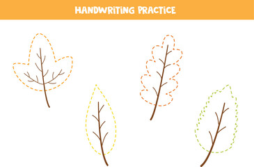 Handwriting practice with cartoon autumn leaves. Tracing lines for preschoolers. Vector illustration.