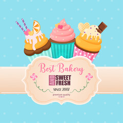 Card with cupcakes. Background with cupcakes. Bakery shop.  Vector illustration in a flat style.