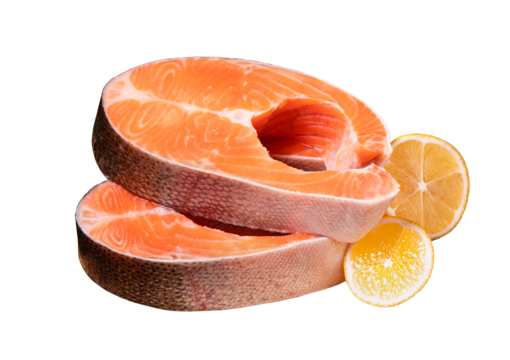 Raw steak of salmon, trout, slice of fresh raw fish isolated on white background with clipping path. Full Depth of field. Focus stacking. PNG
