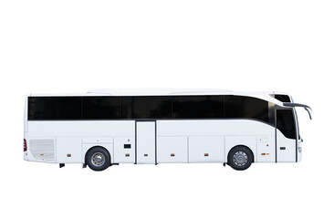 White empty bus isolated over white background, with clipping path. Full Depth of field. side view. PNG