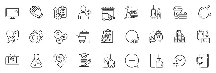 Icons pack as Search, Money currency and Hand baggage line icons for app include Fingerprint, Sale bags, Timer outline thin icon web set. Phone wallet, Skyscraper buildings. Vector