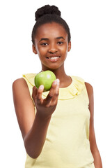 Healthy food, teen girl and apple in hand, isolated on transparent, png background. Black child or happy teenager portrait with fruit for health, wellness or diet nutrition for development or growth
