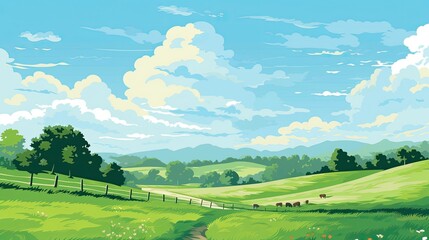 Fototapeta premium Summer landscape with green meadow and blue sky