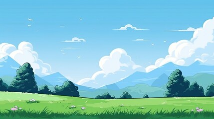 Fototapeta premium Nature landscape background with green meadow and blue sky