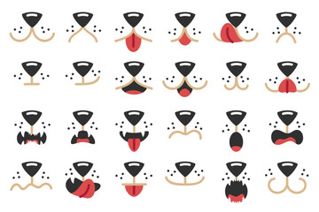 Dogs mouth. Cute pet facial expressions, happy animal mask and face paint dog elements cartoon vector set