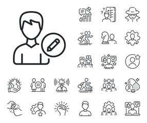 Profile Avatar with pencil sign. Specialist, doctor and job competition outline icons. Edit User line icon. Male Person silhouette symbol. Edit person line sign. Vector