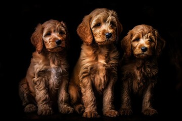 Three golden doodle puppies sitting in shades of light red and gold. Generative AI