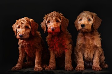 Three golden doodle puppies sitting in shades of light red and gold. Generative AI