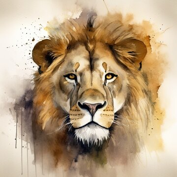 A watercolor painting of the head of an elegant lion, the king of the jungle, in dark beige and golden colors. Generative AI