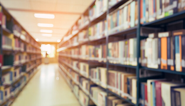 Blurred public library interior space. Defocused bookshelves with books - vintage tone. Learning and education concept background