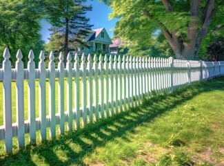 A fragment of a white vinyl fence. Fencing of the house territory Copy space created with Generative AI technology
