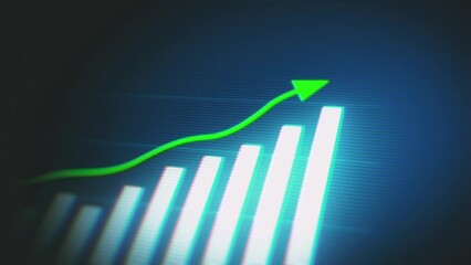 3d Screen Of Business Growth Stats Bars/ 4k animation of a 3d business infographics with rising arrow and bar stats appearing, symbolizing growth and success, with glitch and noise digital effects - Powered by Adobe
