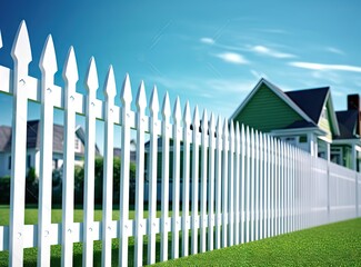 Fototapeta premium A fragment of a white vinyl fence. Fencing of the house territory Copy space created with Generative AI technology