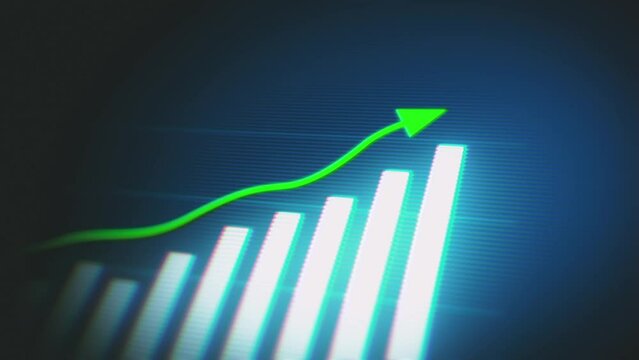 3d Screen Of Business Growth Stats Bars/ 4k animation of a 3d business infographics with rising arrow and bar stats appearing, symbolizing growth and success, with glitch and noise digital effects