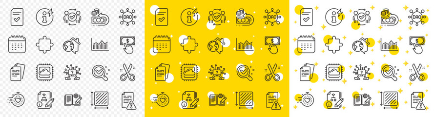 Outline Chemistry lab, Checked file and Algorithm line icons pack for web with Cloud computing, Approved teamwork, Timer line icon. Square area, Calendar, Power info pictogram icon. Vector