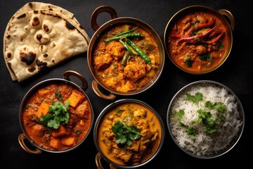 assorted indian curry food with multi-category dishes