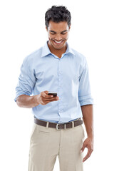 Phone, social media and communication with a business man isolated on a transparent background for...