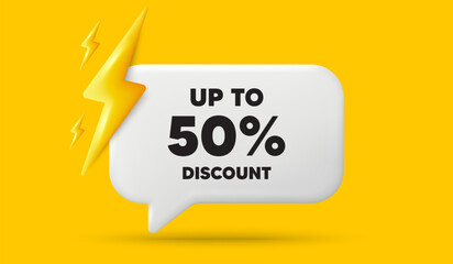 Up to 50 percent discount. 3d speech bubble banner with power energy. Sale offer price sign. Special offer symbol. Save 50 percentages. Discount tag chat speech message. 3d offer talk box. Vector
