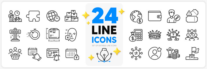 Icons set of Calendar, Fast recovery and Arena stadium line icons pack for app with Time zone, Internet notification, Bike courier thin outline icon. Face declined, Team work, Puzzle pictogram. Vector