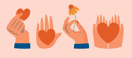 Set of hands holding stuff, hearts, flowers. Cute cartoon cliparts with different gestures. Hand drawn modern vector illustrations. Kindness, support, self-care, volunteering, humanism concept. - obrazy, fototapety, plakaty