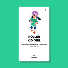 roller kid girl vector. activity skate, cute child, fun skating, happy summer, young print roller kid girl web flat cartoon illustration