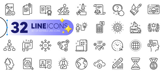 Outline set of Search document, Ranking and Report line icons for web with Time, Cloud computing, Globe thin icon. Cyber attack, Calculator, Innovation pictogram icon. Certificate. Vector
