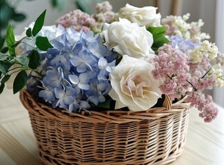 Beautiful straw bag with seasonal flowers of hyacinth and carnation blossom. Created with Generative AI technology.