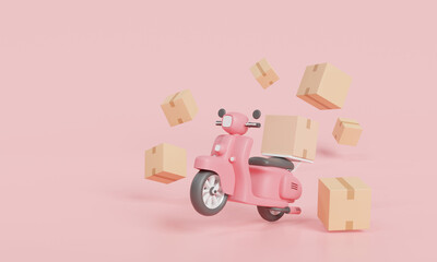 Online delivery package by scooter on pink background. Motorcycle with parcel box, Online order, Online shipping, Time to shopping. Fast delivery concept. website, 3d minimal render illustration