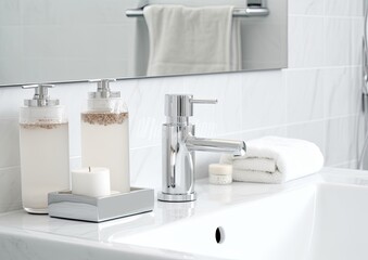 Soap dispenser and spa towel on pastel bathroom window interior. Created with Generative AI technology.