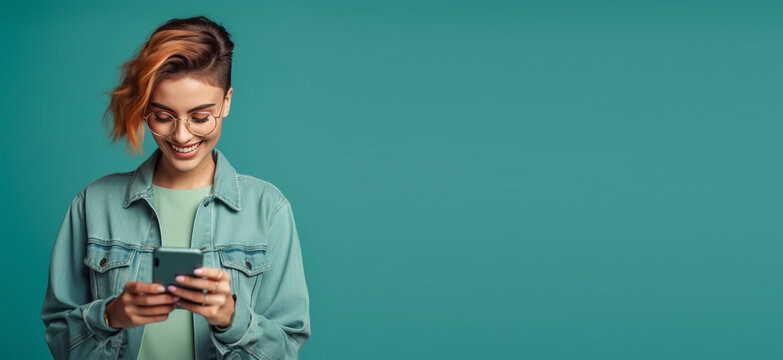 Photo of a pretty, sweet woman wearing a denim doctor's blouse and glasses, reading news on an device, isolated against a green background. Copyspace banner background. Generative Ai