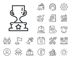 Award trophy sign. Salaryman, gender equality and alert bell outline icons. Winner cup line icon. Best achievement symbol. Winner cup line sign. Spy or profile placeholder icon. Vector