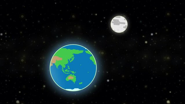 Earth and moon in space, vector style motion graphic 4k 60fps version. Cartoon stylized kids.