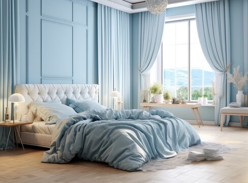 A comfortable bed with blue linen at home, a bedroom in a blue tone, comfort.