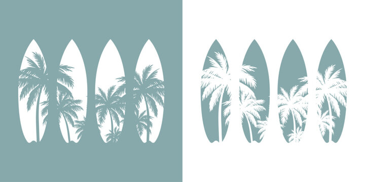 Logo club de surf. Silueta de grupo de tablas de surf con bosque de palmeras en espacio negativo