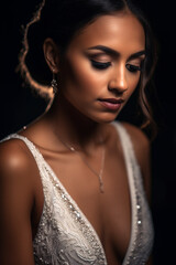 Close up portrait of a black bride wearing a low-cut wedding dress. 