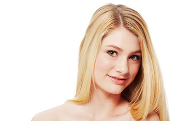 Naklejka premium Face, hair care and blonde woman isolated on a transparent png background. Portrait, natural beauty and happy female model with cosmetics in salon treatment for aesthetic, skincare and hairstyle.