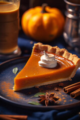Beautiful close-up of a slice of delicious pumpkin pie on a plate indoors, made with generative AI