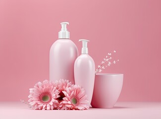 Obraz na płótnie Canvas Soft light bathroom decor in pastel pink color, towel, soap dispenser, white flowers, accessories on pastel pink shelf. Created with Generative AI technology.