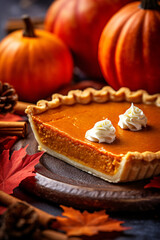 Fototapeta na wymiar Beautiful close-up of delicious pumpkin pie decorated with pumpkins indoors, made with generative AI