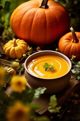 Beautiful close-up of delicious pumpkin soup indoors, made with generative AI