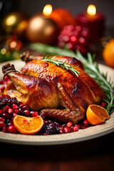 Beautiful close-up of delicious Thanksgiving turkey nicely decorated on a plate, made with generative AI