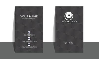 Vertical business card design black background text white