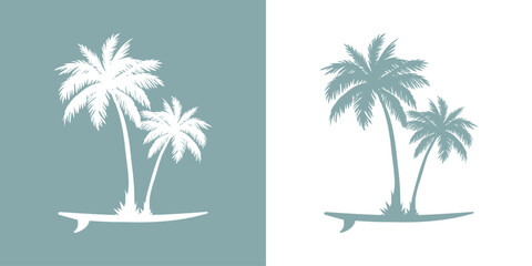 Logo club de surf. Silueta de dos palmeras en tabla de surf - obrazy, fototapety, plakaty