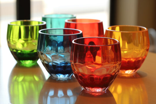 A set of 6 round glasses on a table in various colors