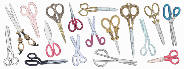 Set of hand drawn scissors isolated on white background. Sewing supplies. Vector illustration - obrazy, fototapety, plakaty
