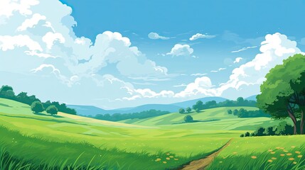 Summer landscape with green meadow and blue sky