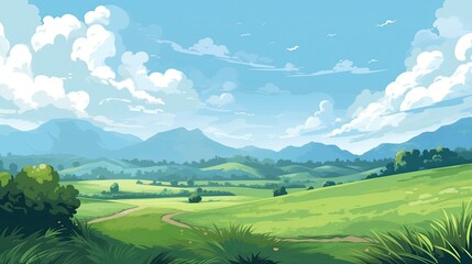 Illustration of a beautiful green meadow with mountains and blue sky
